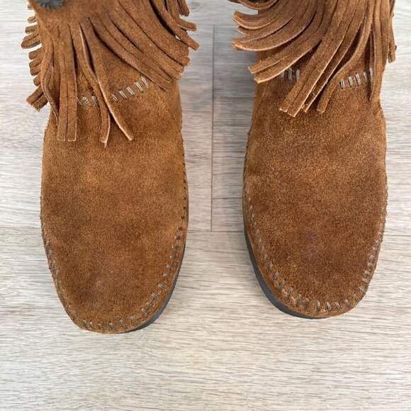 Minnetonka Womens Hi Top Back Zip Western Bootie Shoes Size 6 Brown Suede Fringe - Picture 7 of 11